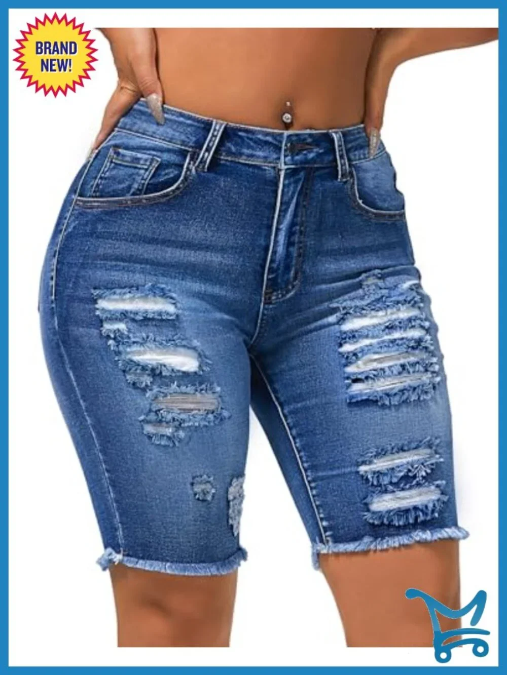 Ripped Stretchy Long Jean Shorts Mid Rise Frayed Cut Off Bermuda Shorts